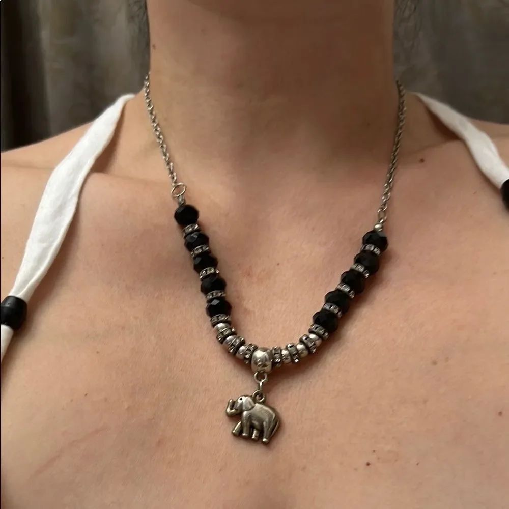 Silver and Black Elephant Pendant Necklace